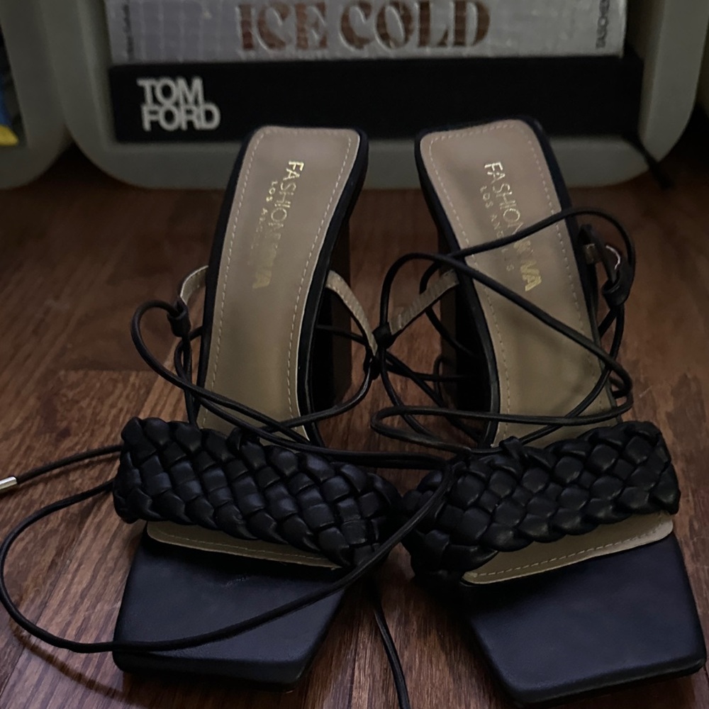 Fashion Nova Black Braided Lace-Up Heels